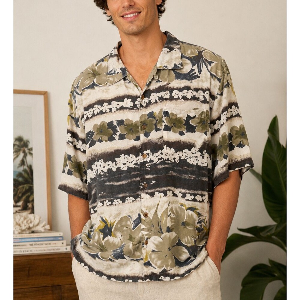 VTG Tommy Bahama Men's Rayon Hawaiian Floral Camp Shirt Aloha Button Front XL
